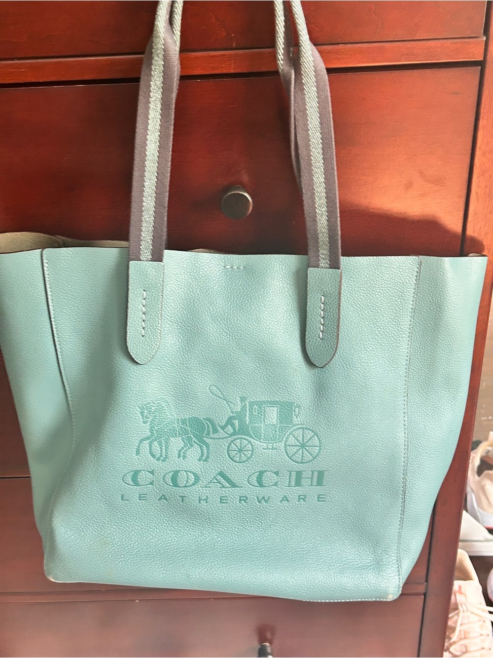 Coach Teal Leather Tote with Embossed Coach Carriage